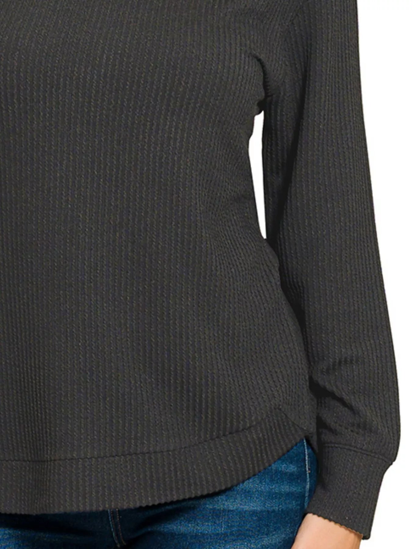 Long Sleeve Black Top, Raised Rib Round Neck at In Style Chics Boutique