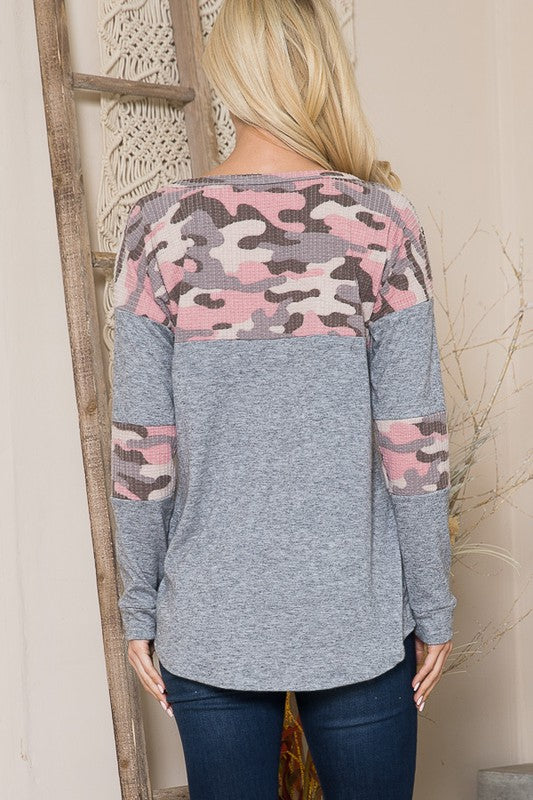 Shop Camouflage Contrast Knit Sweater Made in the USA at In Style Chics Boutique