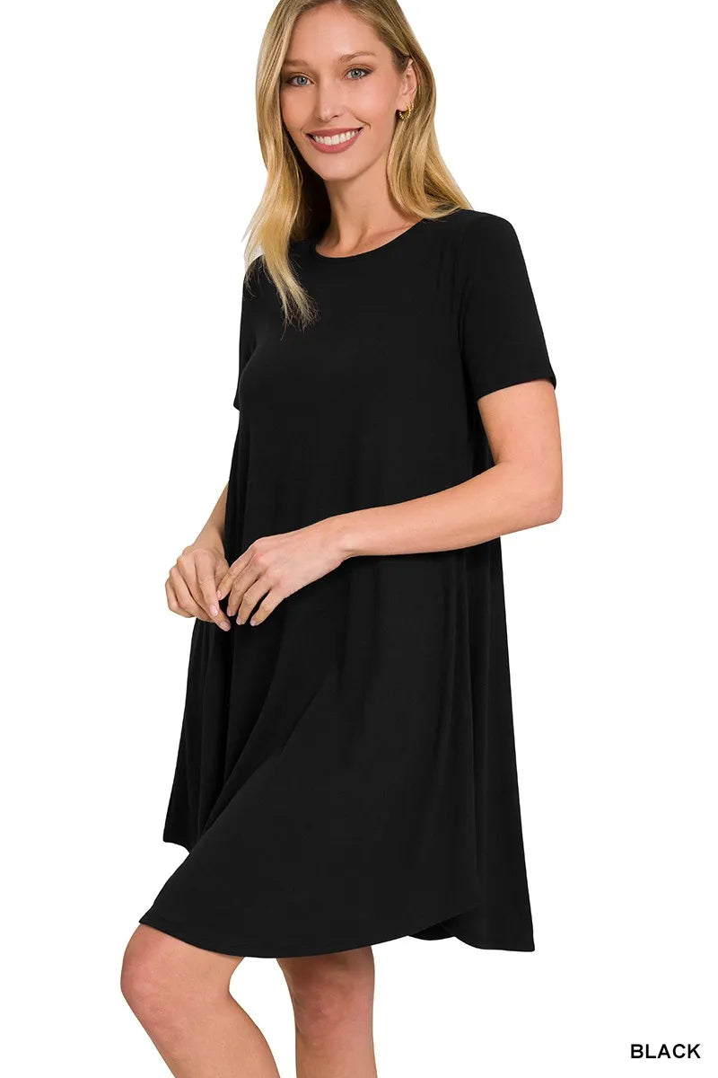 Zenana Short Sleeve Round Hem A-line Black Dress w/ Pockets π€