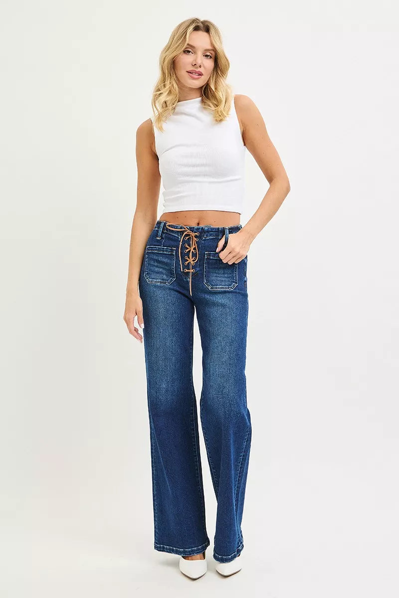 RISEN High Rise Wide Leg Jeans with Front Tie Detail
