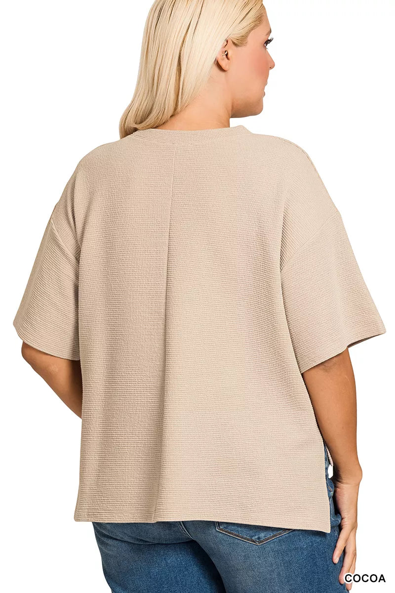 Double Knit Side Slits Hi Low Short Sleeve White Top at In Style Chics Boutique