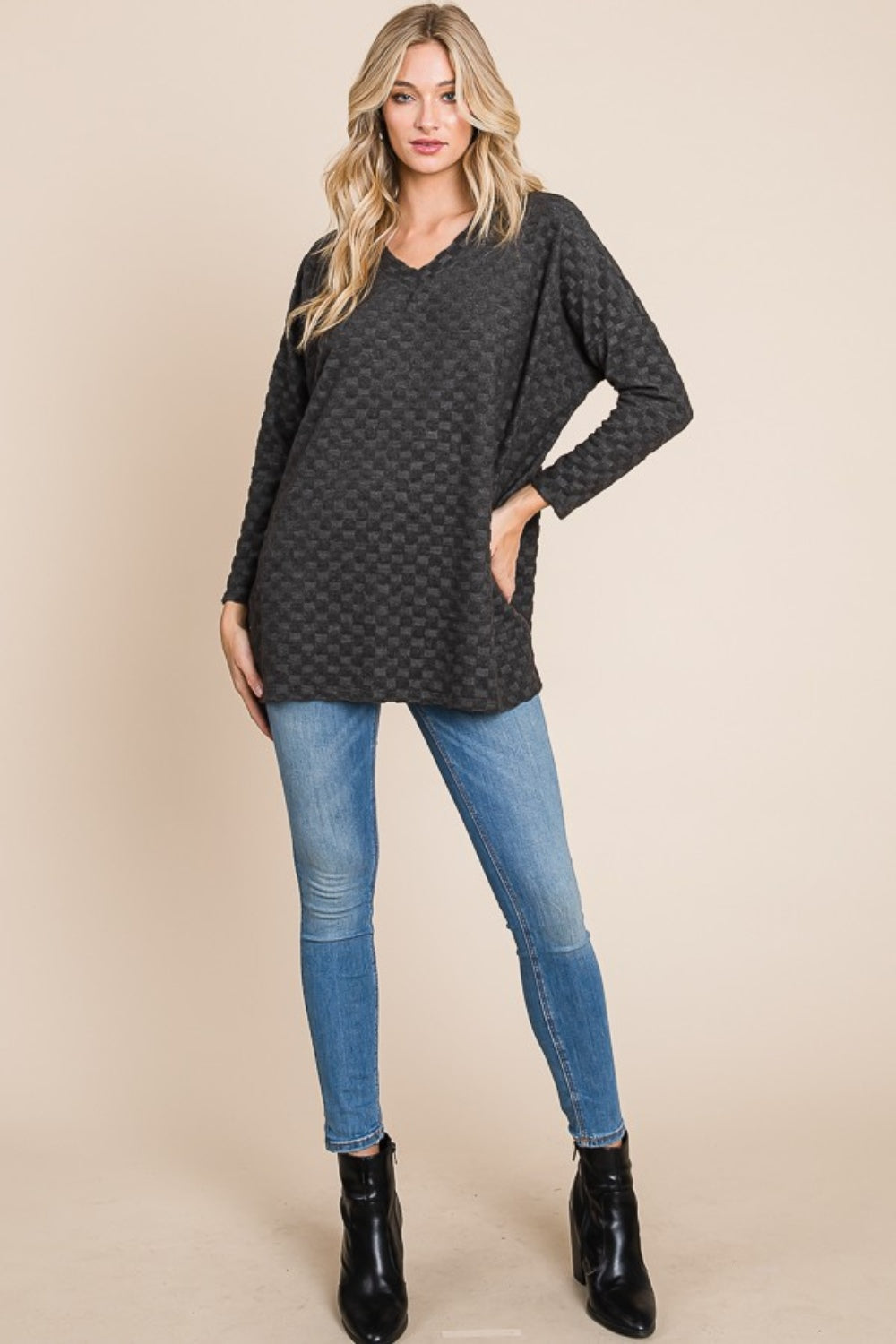 BOMBOM Checkered Long Sleeve V-Neck T-Shirt - In Style Chics Boutique LLC