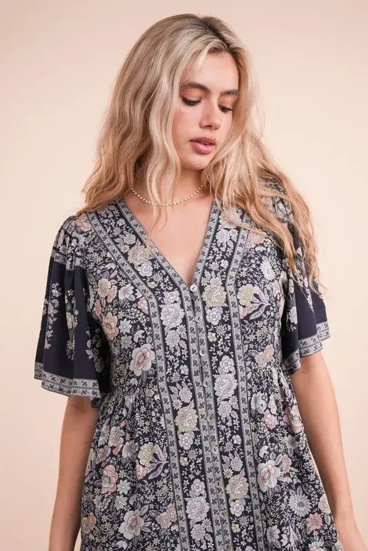 Shirring Detail Printed Woven Mini Dress - In Style Chics Boutique