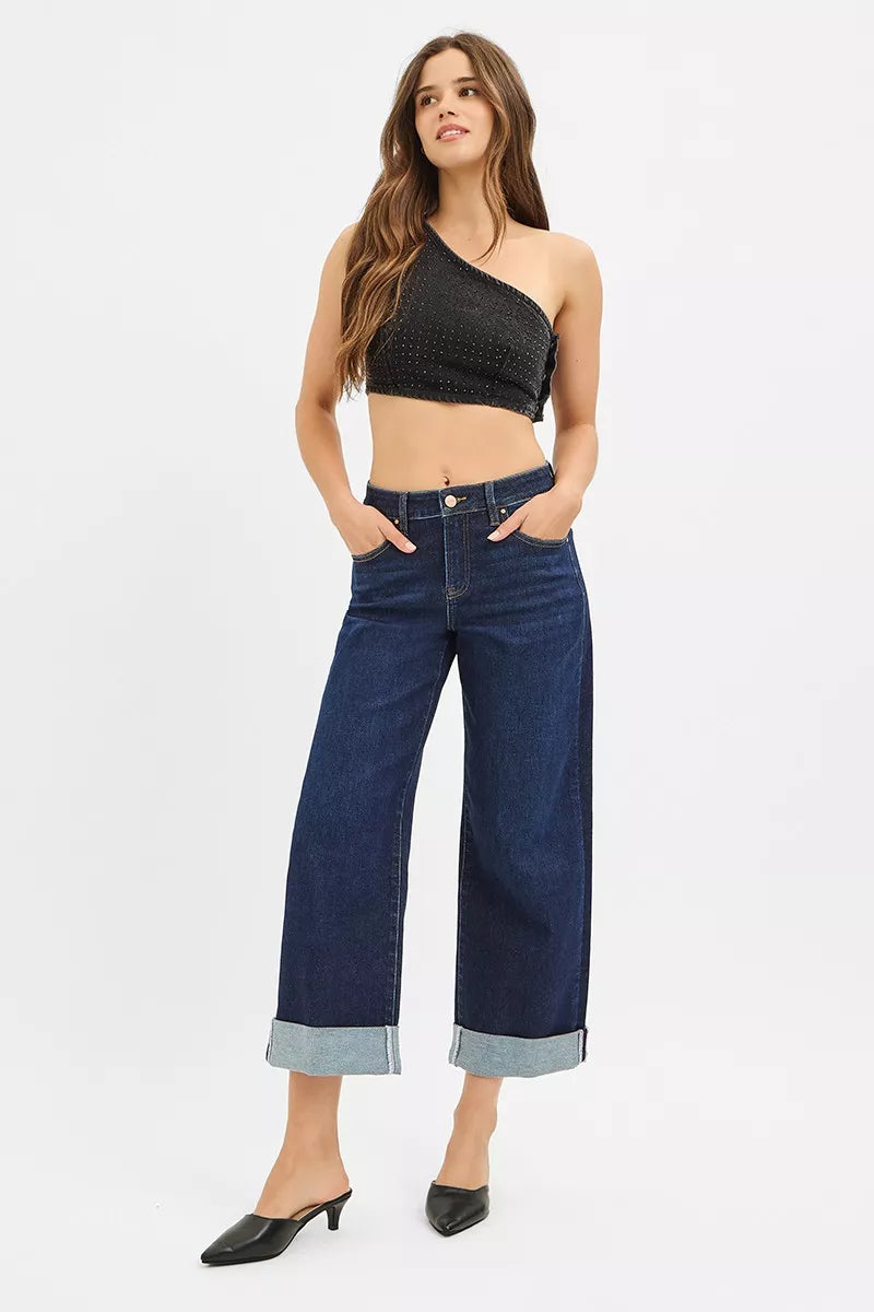 RISEN Mid Rise Fit Ankle Wide Roll Up Jeans at In Style Chics Boutique
