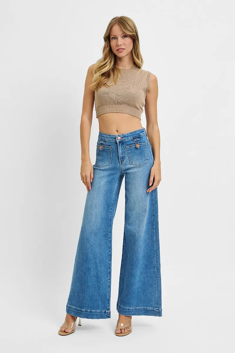 RISEN Mid Rise Wide Leg Front Patch Pocket Jeans at In Style Chics Boutique