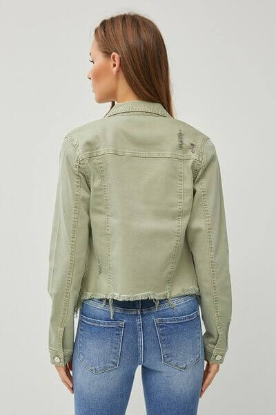 Women's Raw Hem Button Up Cropped Denim Jacket - In Style Chics Boutique