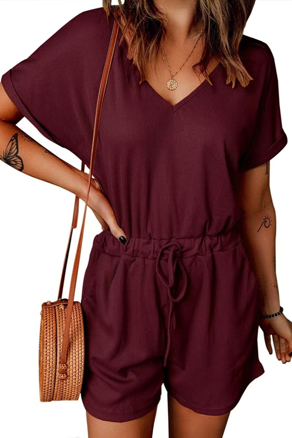 Full Size Drawstring V-Neck Short Sleeve Romper - More Colors! - In Style Chics Boutique LLC