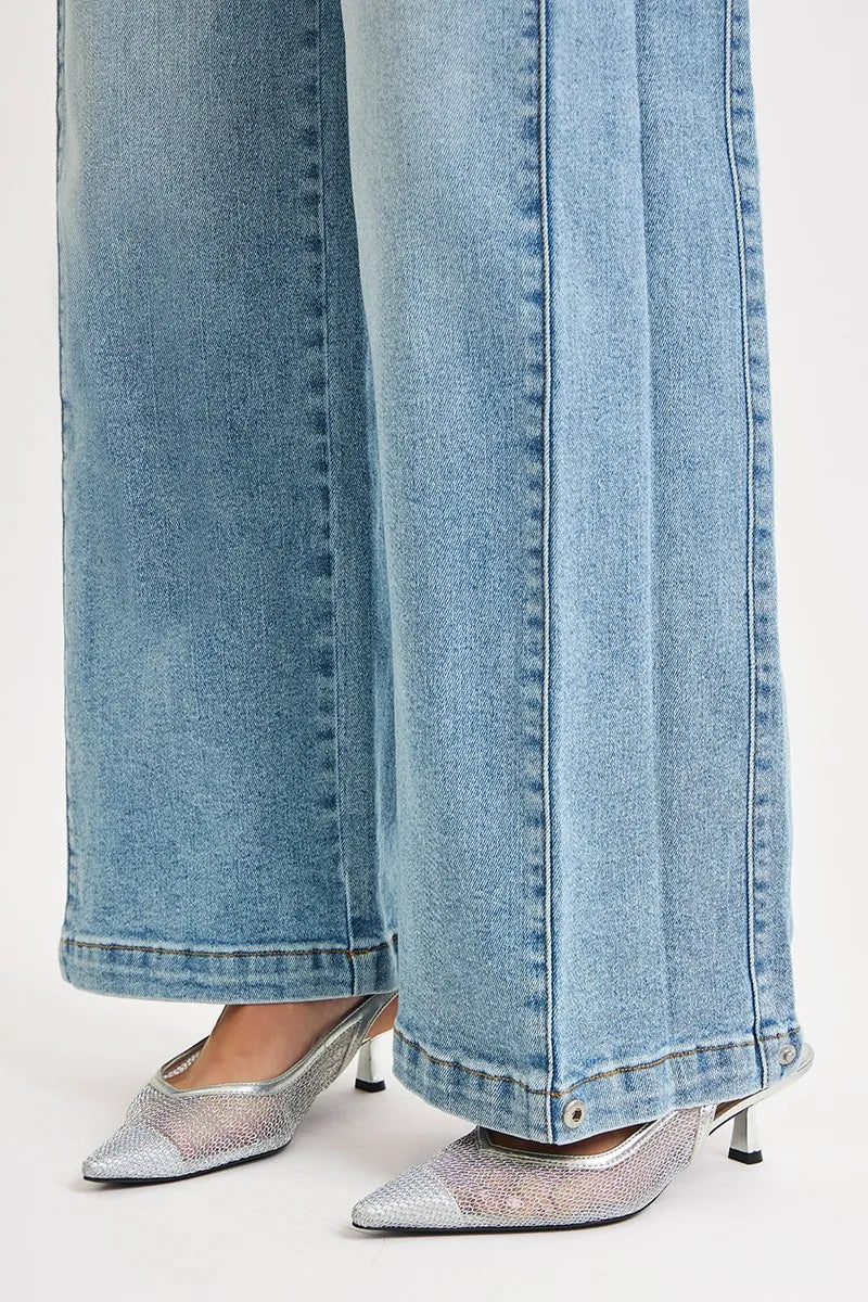 RISEN Mid Rise Wide Barrel Transferable Leg Snap Jeans at In Style Chics Boutique