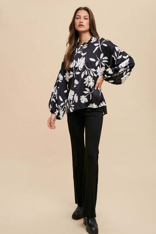 Annie Wear Frill Printed Balloon Sleeve Blouse - In Style Chics Boutique LLC