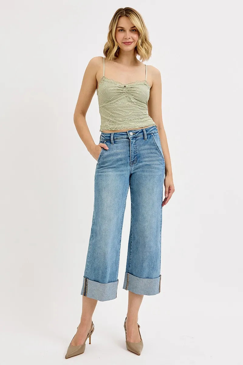 Tummy Control High Rise Ankle Wide Cuffed Jeans at In Style Chics Boutique