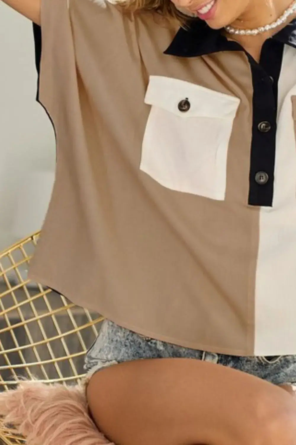 Color Block Quarter Neck Short Dolan Sleeve Top - In Style Chics Boutique Online Fashion