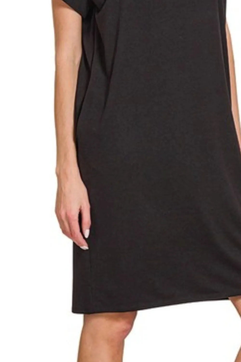 Black Dress, Rolled Short Sleeve Round Neck - In Style Chics Boutique