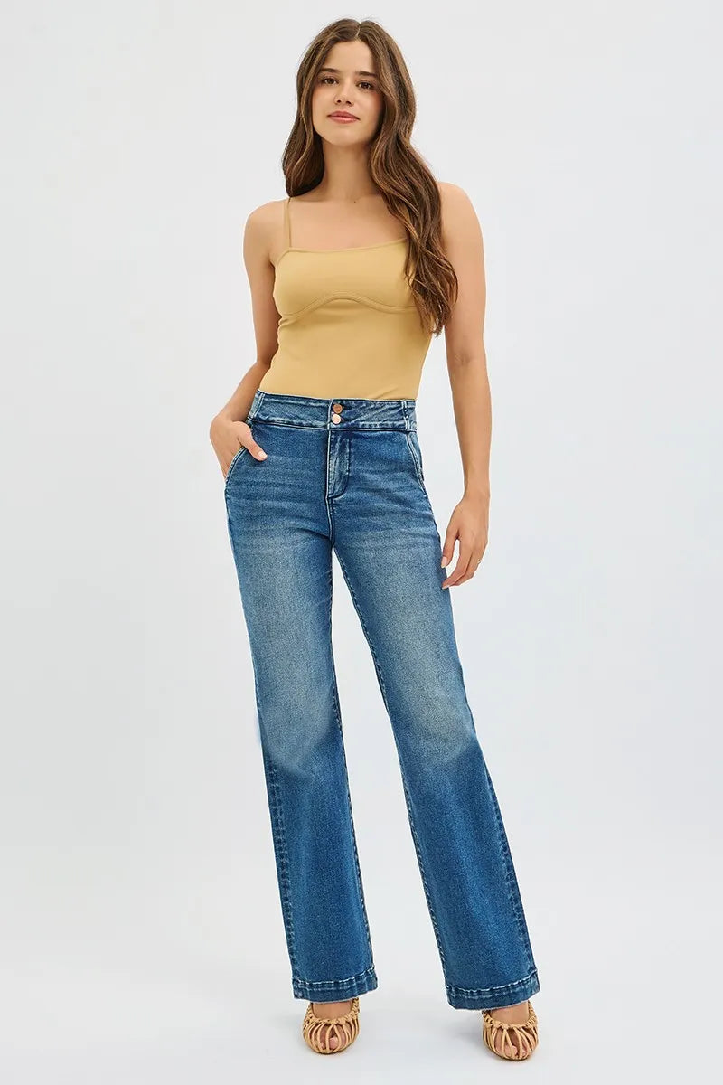 RISEN Tummy Control High Rise Bootcut Jeans Double Button Waist at In Style Chics Boutique