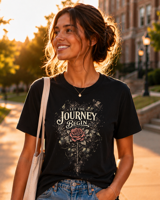 Front view of a woman wearing a black t-shirt featuring a centered, vintage-style red rose graphic with the words "Let the Journey Begin" in aged bone typography.