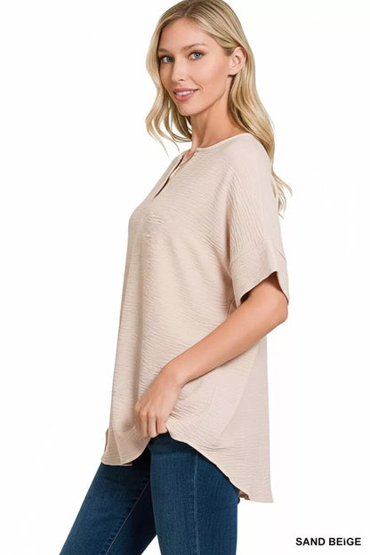 Zenana Woven Airflow Split Neck Short Sleeve Top in Sand Beige for Women 