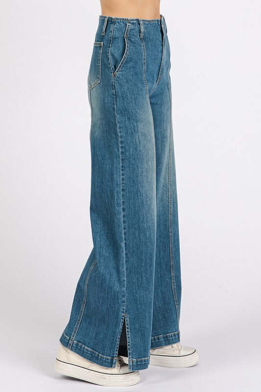 Women's Juniors Medium Wash Seam Detail Wide Leg Denim Jeans - Cute Clothes Online - In Style Chics Boutique 
