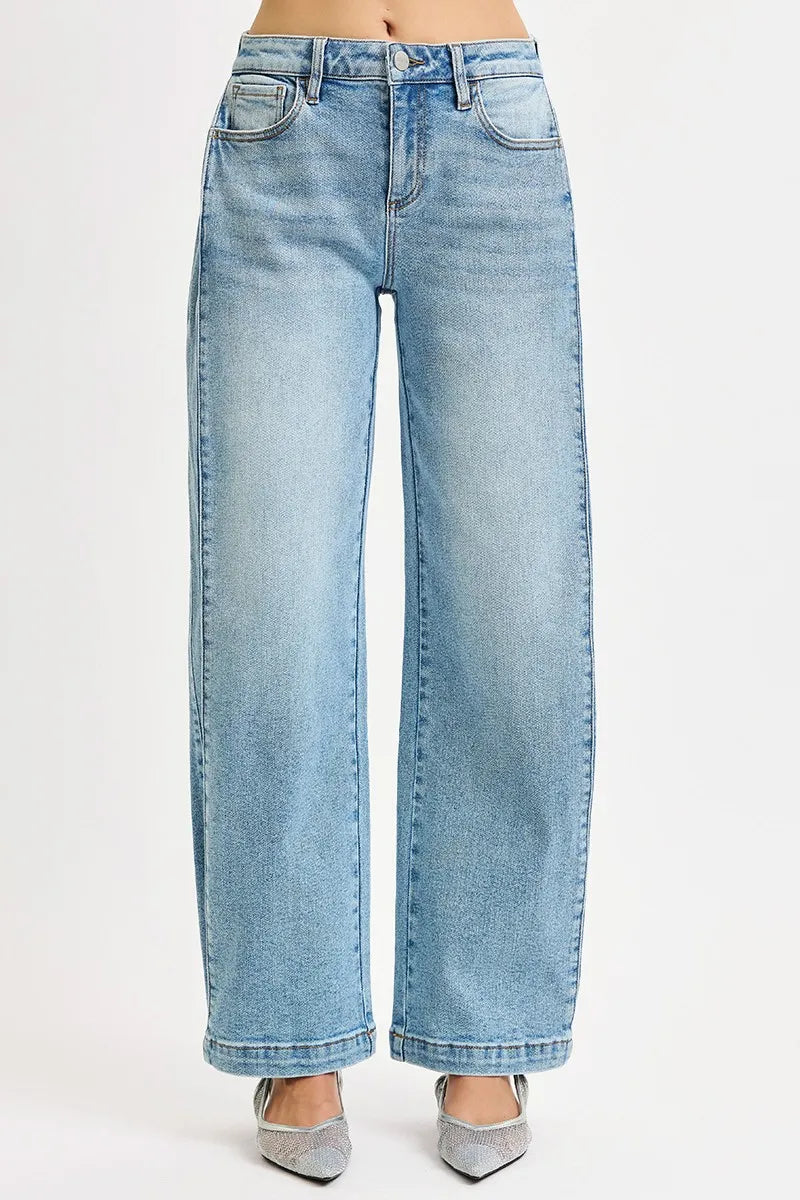 RISEN Mid Rise Wide Barrel Transferable Leg Snap Jeans at In Style Chics Boutique 
