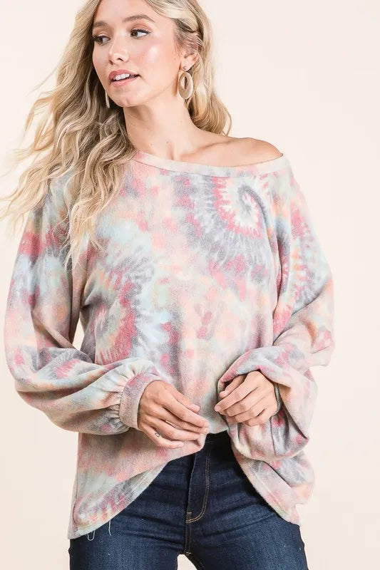 Brushed Tie Dye Print Top with Puff Sleeves at In Style Chics Boutique Fall 2025 Women's Fashion 