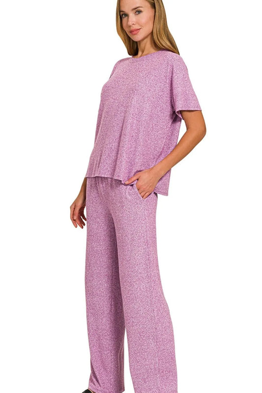 Soft Melange Short Sleeve Tee & Long Pants Pajama Set - In Style Chics Boutique 