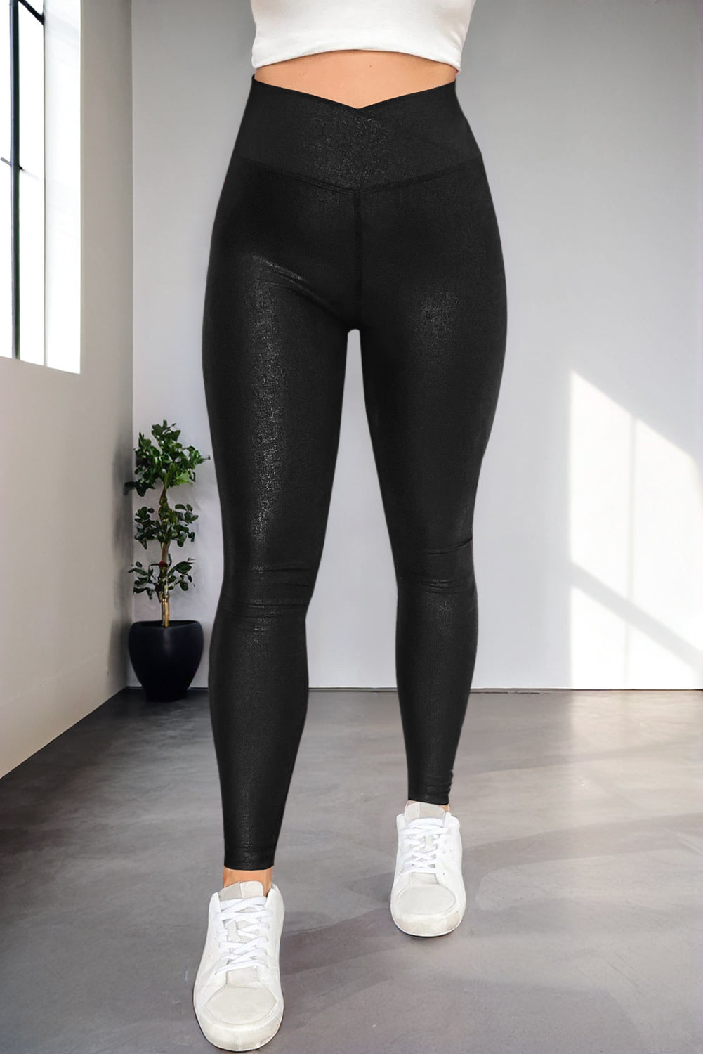 Black Crossed Dip Waist Sleek Leather Leggings - In Style Chics Boutique LLC