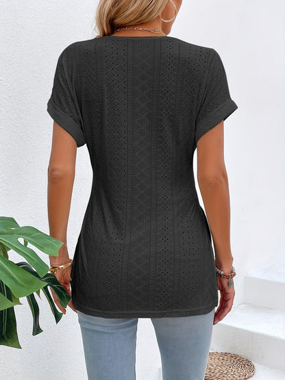 Slit Eyelet V-Neck Short Sleeve Blouse - More Colors! - In Style Chics Boutique LLC