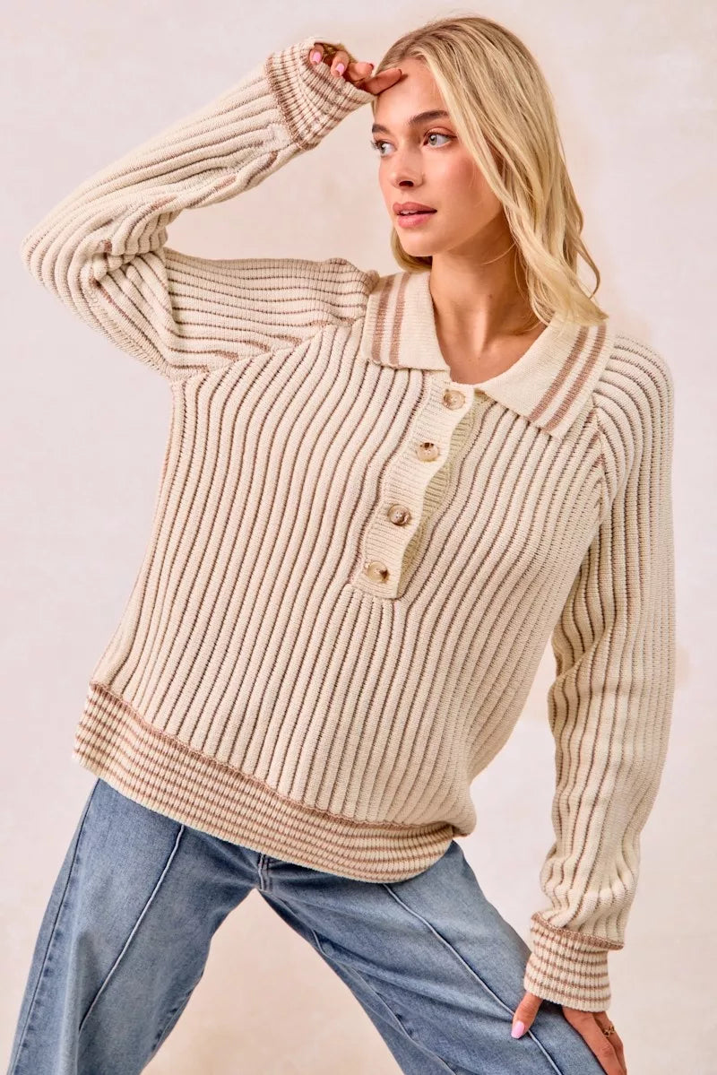 Half Button Ribbed Two Tone Sweater at In Style Chics Boutique 