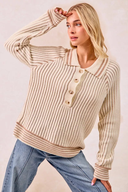Half Button Ribbed Two Tone Sweater at In Style Chics Boutique 