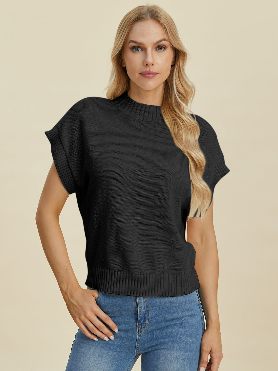 Double Take Full Size Mock Neck Short Sleeve Sweater - In Style Chics Boutique LLC