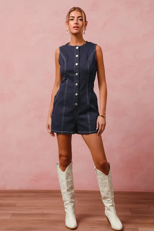 Washed Denim Sleeveless Romper Button Up Front - In Style Chics Boutique