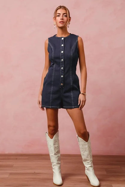 Washed Denim Sleeveless Romper Button Up Front - In Style Chics Boutique