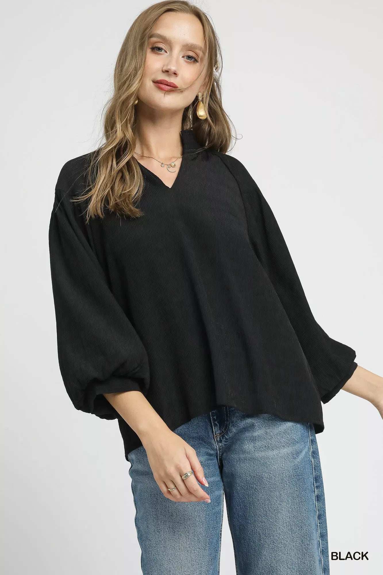 Textured V-Neck Black Blouse with Balloon Sleeves
