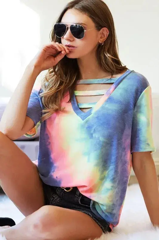 Tie-Dye V-Neck Short Sleeve T-Shirt - In Style Chics Boutique Women's Juniors Apparel Online 
