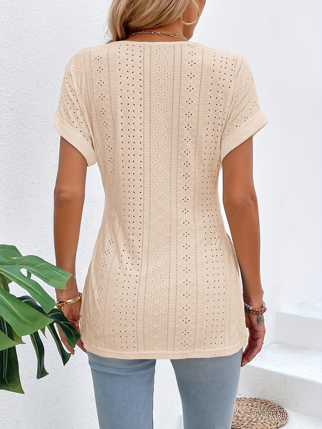 Slit Eyelet V-Neck Short Sleeve Blouse - More Colors! - In Style Chics Boutique LLC