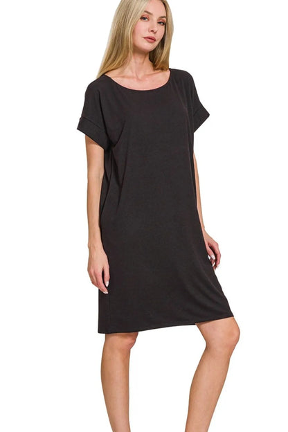 Black Dress, Rolled Short Sleeve Round Neck  - In Style Chics Boutique 