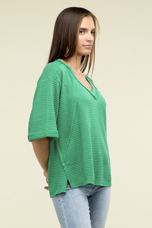 Brushed Waffle Exposed-Seam 3/4 Sleeve Top - In Style Chics Boutique LLC