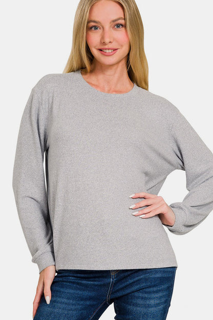 Zenana Hacci Round Neck Long Sleeve T-Shirt - In Style Chics Boutique LLC