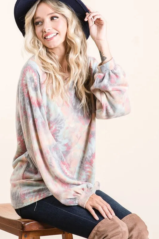 Brushed Tie Dye Print Top with Puff Sleeves at In Style Chics Boutique Fall 2025 Women's Fashion 