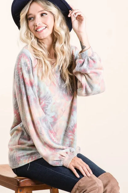 Brushed Tie Dye Print Top with Puff Sleeves at In Style Chics Boutique Fall 2025 Women's Fashion 