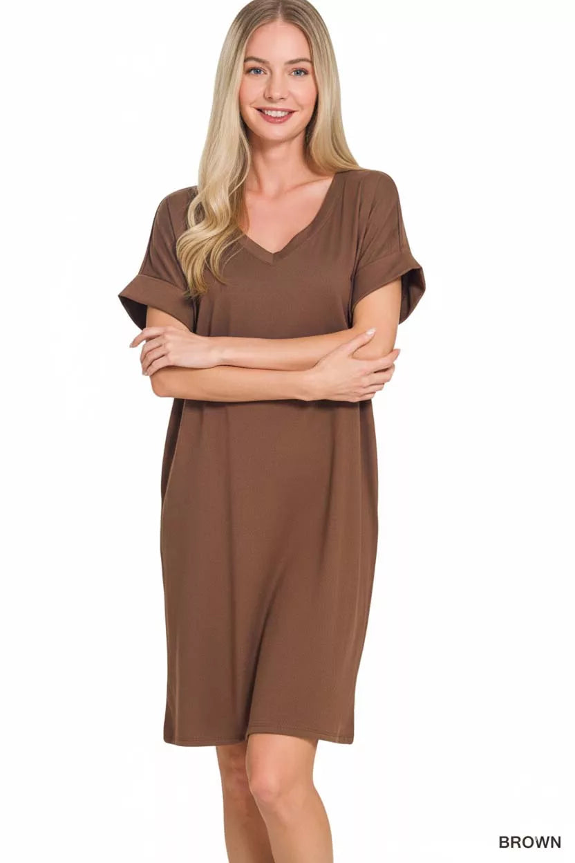 Zenana Brushed Dty Rolled Short Sleeve V-Neck Brown Dress
