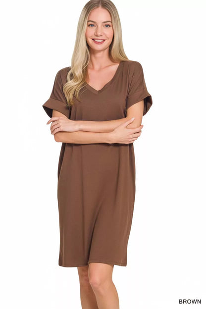 Zenana Brushed Dty Rolled Short Sleeve V-Neck Brown Dress