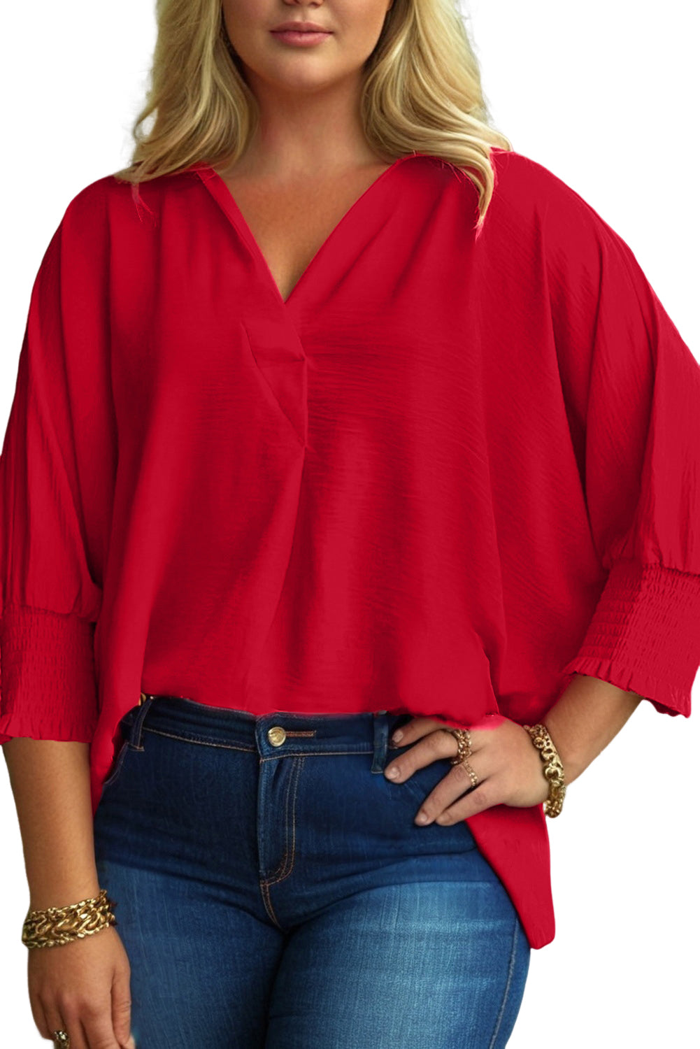 Shop this Fiery Red Plus Size Shirred Cuff Dolman Oversized Tunic Blouse at In Style Chics Boutique ♥️