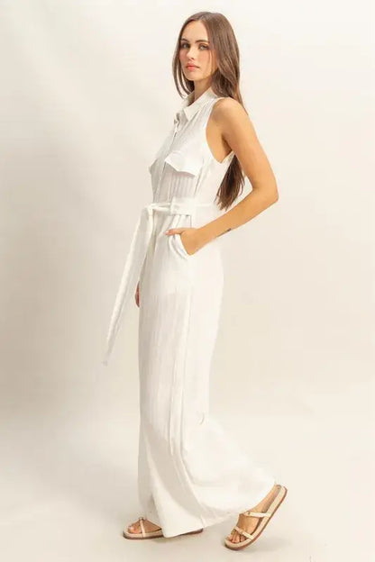 White Jumpsuit - Sleeveless Tie Waist Wide Leg - In Style Chics Boutique Women's Juniors Fashion Style Online 