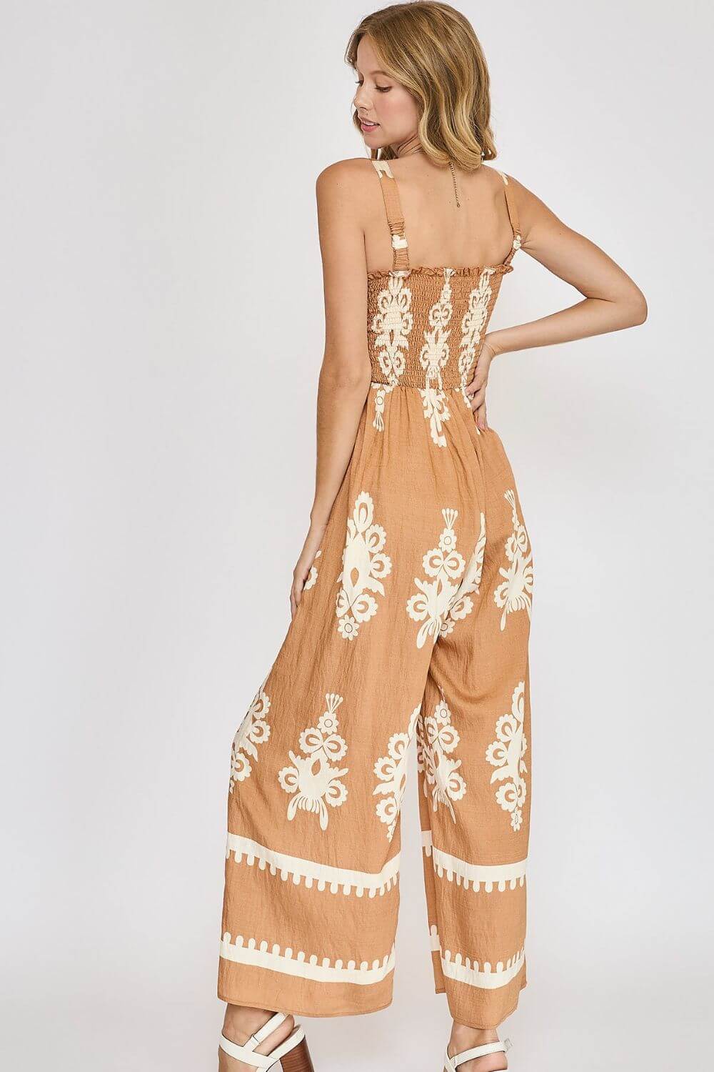 Smocked Printed Wide Leg Jumpsuit  - Cute Clothes Online - In Style Chics Boutique Women's Juniors Plus Size Apparel 