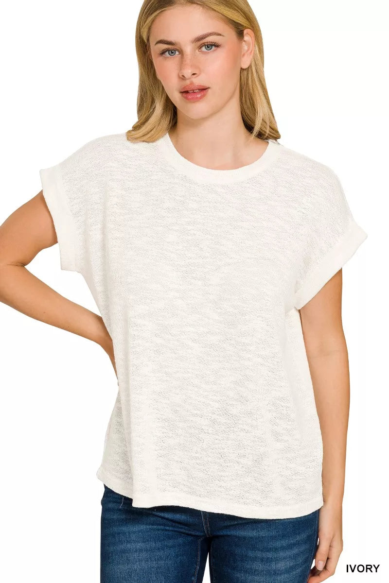 Zenana Hacci Slub Rolled Up Sleeve Tee