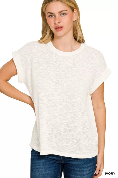 Zenana Hacci Slub Rolled Up Sleeve Tee