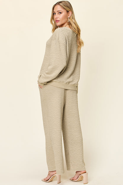 Double Take Full Size Texture Long Sleeve Top and Pants Set - In Style Chics Boutique LLC