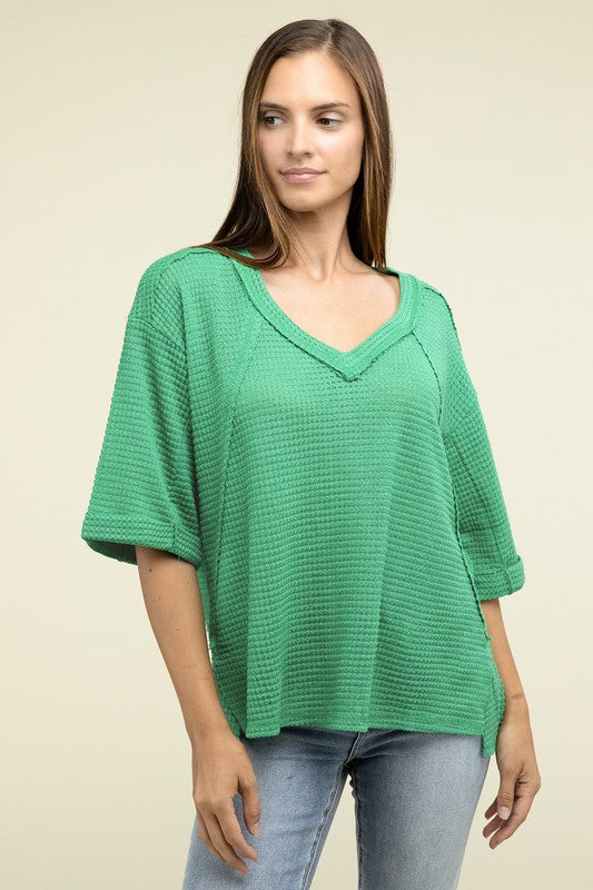 Brushed Waffle Exposed-Seam 3/4 Sleeve Top - In Style Chics Boutique LLC