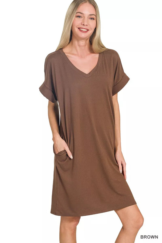Zenana Brushed Dty Rolled Short Sleeve V-Neck Brown Dress