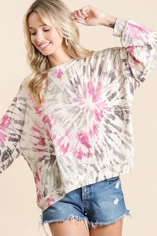 Tie Dye Print Long Sleeve Terry Pull Over at In Style Chics Boutique 
