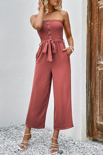 Decorative Button Strapless Smocked Jumpsuit with Pockets - In Style Chics Boutique LLC